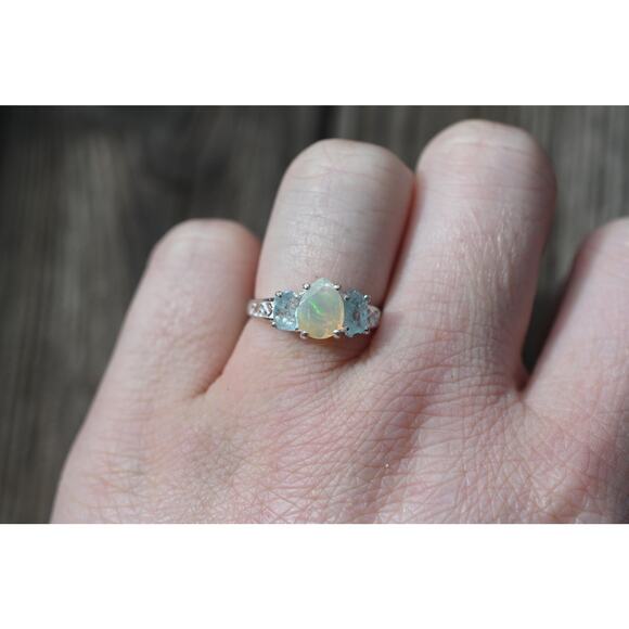 Aquamarine and opal engagement ring sterling silver size 3 4 5 6 7 8 9 10 11 12 - Picture 4 of 7